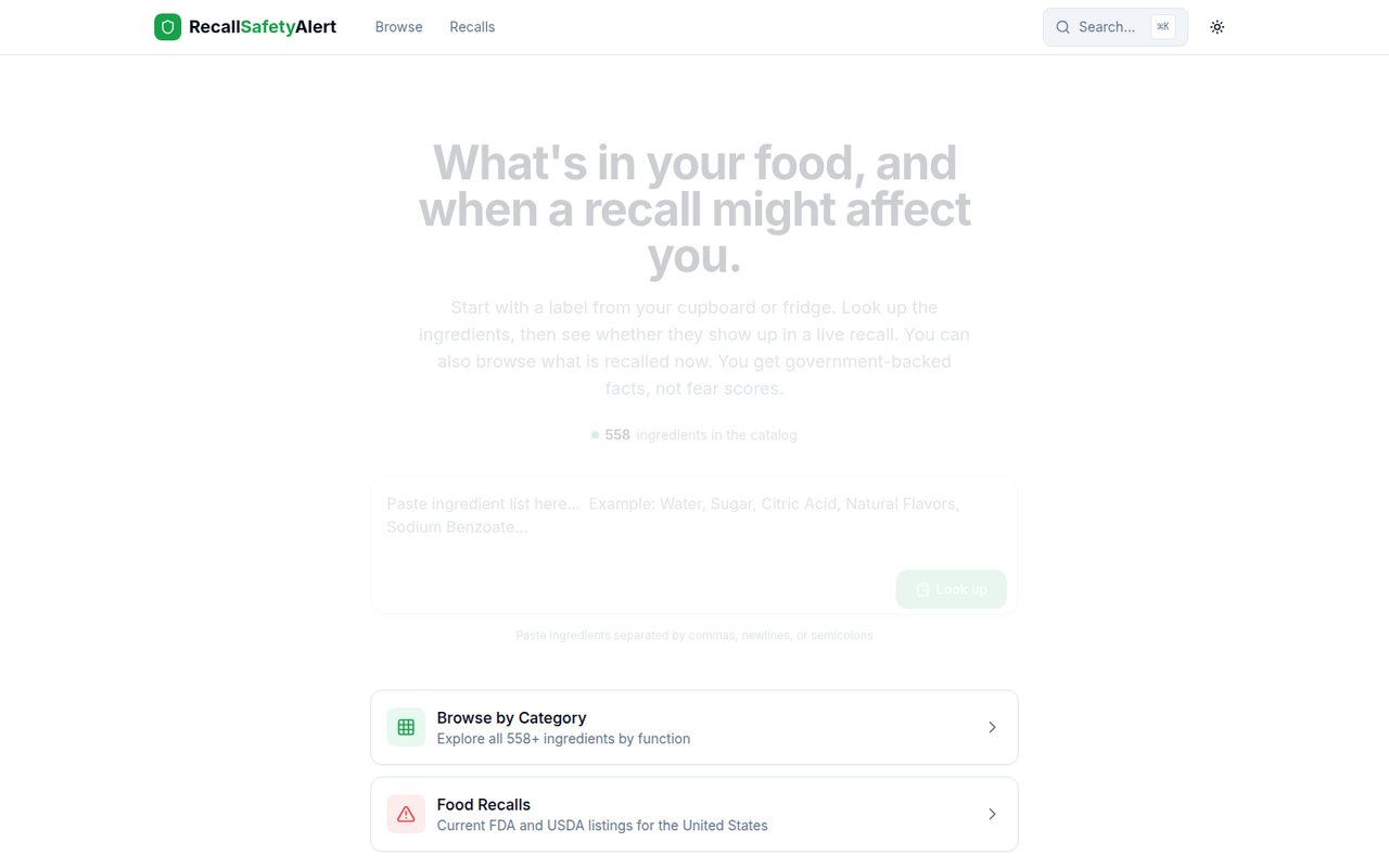 RecallSafetyAlert homepage — From your cupboard to live recalls.
